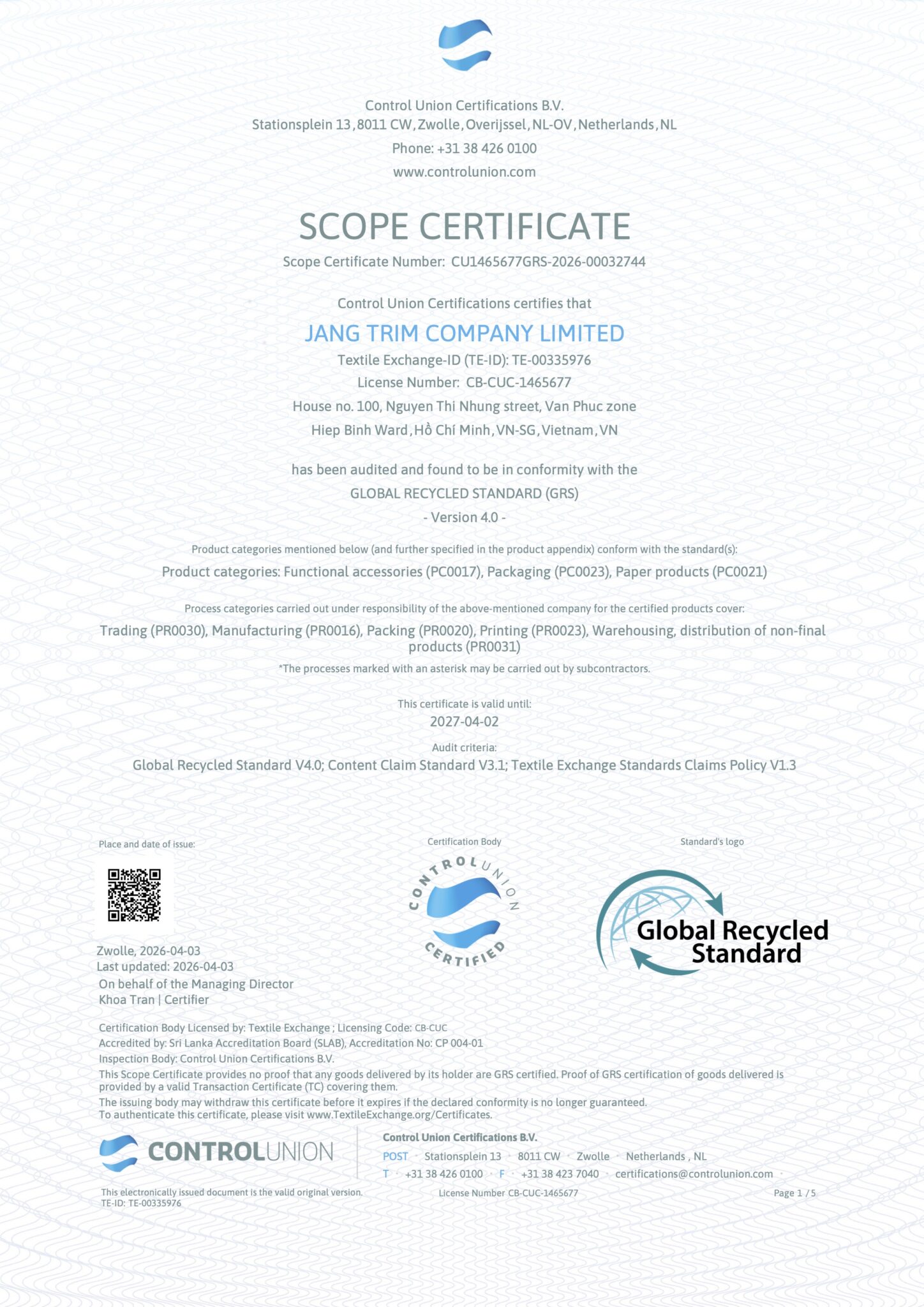 grs certificate